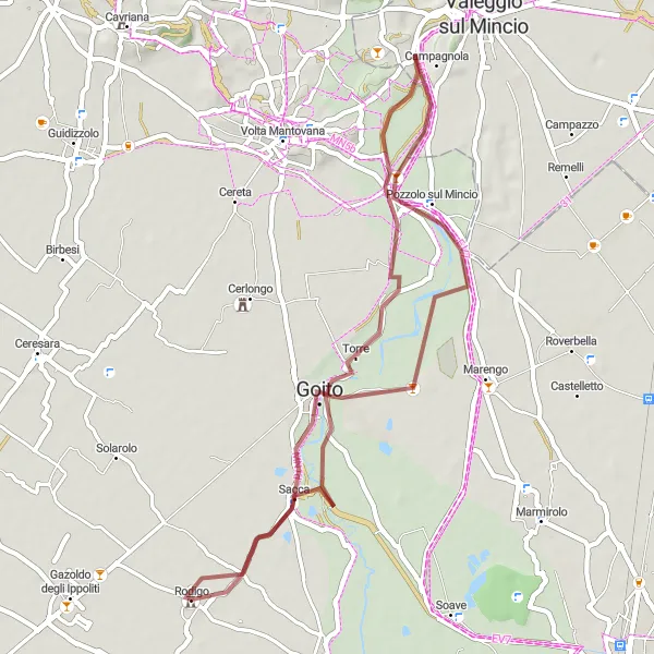 Miniatura della mappa di ispirazione al ciclismo "Rodigo e Massimbona Tour in Gravel" nella regione di Lombardia, Italy. Generata da Tarmacs.app, pianificatore di rotte ciclistiche