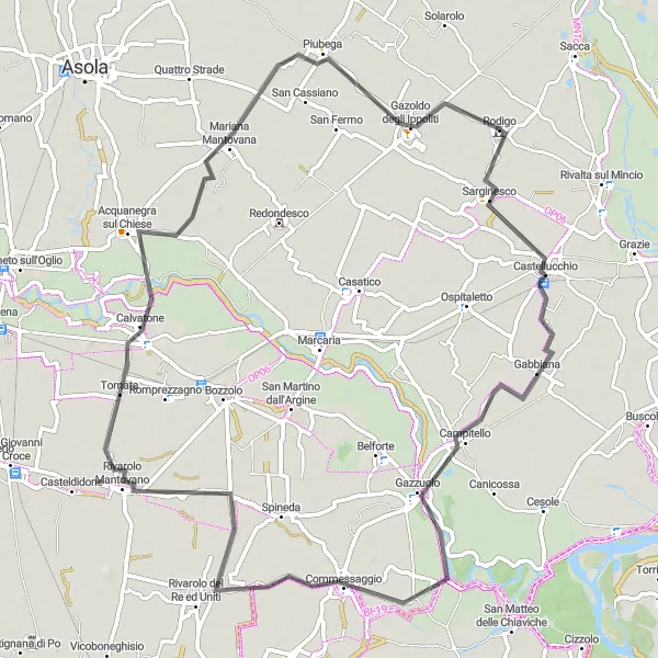 Miniatua del mapa de inspiración ciclista "Ruta de ciclismo en carretera desde Rodigo a través de Castellucchio y Gazoldo degli Ippoliti" en Lombardia, Italy. Generado por Tarmacs.app planificador de rutas ciclistas