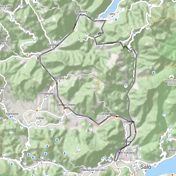 Mapa miniatúra "Road trasa s výhľadom na Corna Bussarola" cyklistická inšpirácia v Lombardia, Italy. Vygenerované cyklistickým plánovačom trás Tarmacs.app