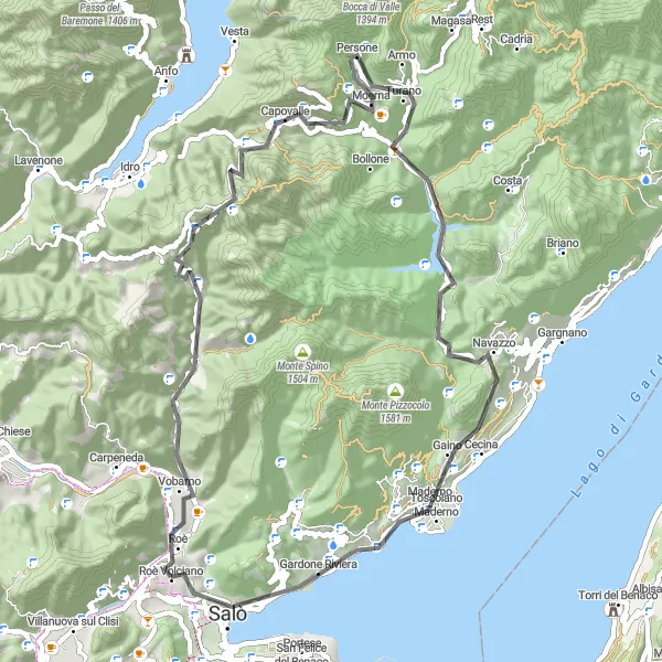 Miniatua del mapa de inspiración ciclista "Ruta de Monte Manos y Valvestino desde Roè Volciano" en Lombardia, Italy. Generado por Tarmacs.app planificador de rutas ciclistas
