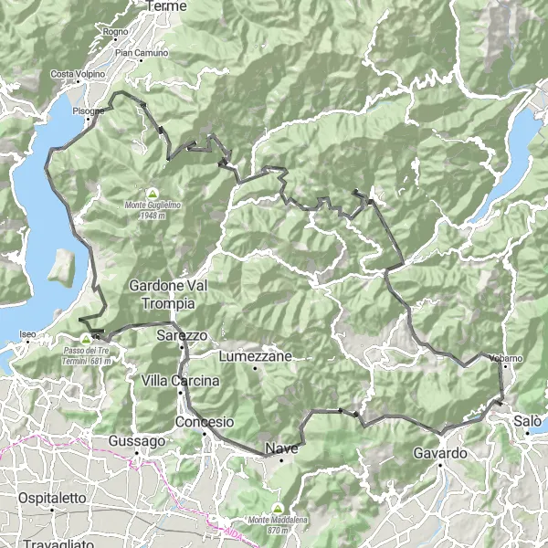Zemljevid v pomanjšavi "Krožna kolesarska pot Monte Paina" kolesarske inspiracije v Lombardia, Italy. Generirano z načrtovalcem kolesarskih poti Tarmacs.app