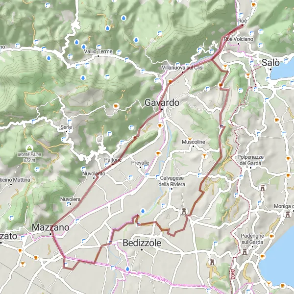 Map miniature of "The Gravel Trail of Roè" cycling inspiration in Lombardia, Italy. Generated by Tarmacs.app cycling route planner