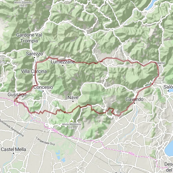 Miniature de la carte de l'inspiration cycliste "Exploration des Montagnes Gravel" dans la Lombardia, Italy. Générée par le planificateur d'itinéraire cycliste Tarmacs.app