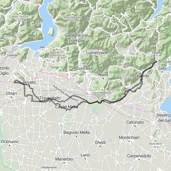 Kartminiatyr av "Runt Villanuova sul Clisi och Monte Budellone" cykelinspiration i Lombardia, Italy. Genererad av Tarmacs.app cykelruttplanerare