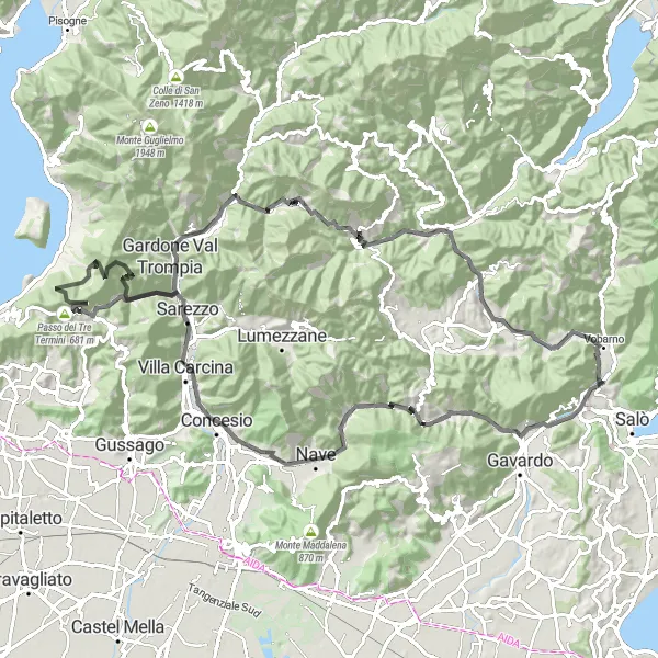 Map miniature of "Lake Garda Escape" cycling inspiration in Lombardia, Italy. Generated by Tarmacs.app cycling route planner
