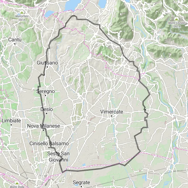 Miniatura della mappa di ispirazione al ciclismo "Tra borghi storici e paesaggi collinari" nella regione di Lombardia, Italy. Generata da Tarmacs.app, pianificatore di rotte ciclistiche