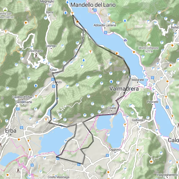 Miniatura della mappa di ispirazione al ciclismo "Giro in bicicletta da Rogeno a Molteno" nella regione di Lombardia, Italy. Generata da Tarmacs.app, pianificatore di rotte ciclistiche