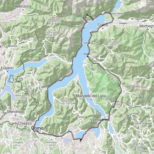 Miniatura della mappa di ispirazione al ciclismo "Giro in bicicletta intorno al Lago di Como" nella regione di Lombardia, Italy. Generata da Tarmacs.app, pianificatore di rotte ciclistiche
