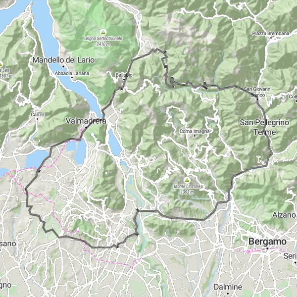 Miniatura della mappa di ispirazione al ciclismo "Avventura tra vette e canyon" nella regione di Lombardia, Italy. Generata da Tarmacs.app, pianificatore di rotte ciclistiche
