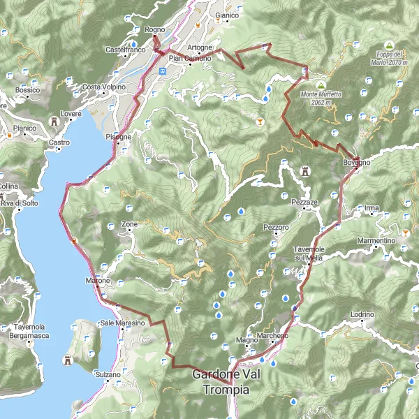 Miniatura della mappa di ispirazione al ciclismo "Giro Gravel alle colline di Rogno" nella regione di Lombardia, Italy. Generata da Tarmacs.app, pianificatore di rotte ciclistiche