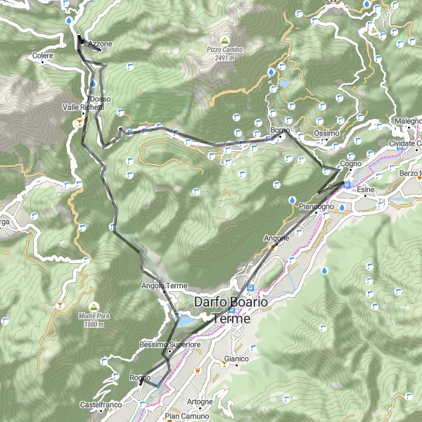Map miniature of "Road Route: Rogno to Ossimo" cycling inspiration in Lombardia, Italy. Generated by Tarmacs.app cycling route planner