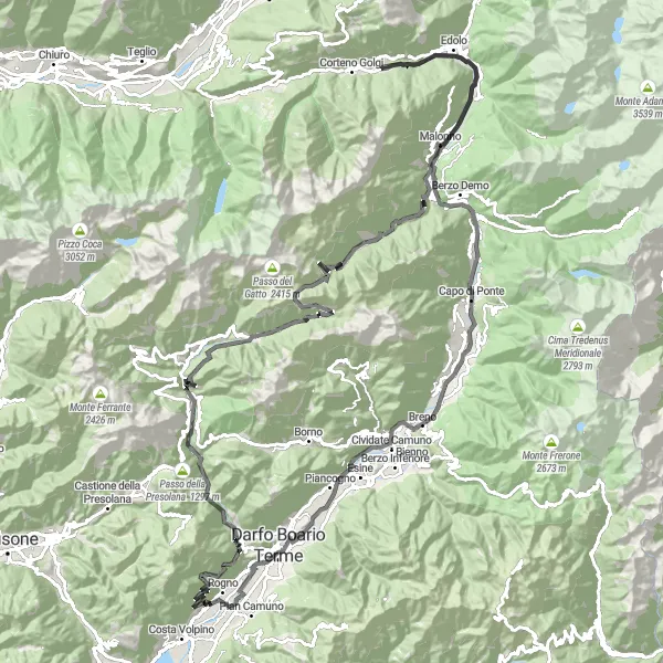 Miniatura della mappa di ispirazione al ciclismo "Strade di montagna e paesaggi mozzafiato" nella regione di Lombardia, Italy. Generata da Tarmacs.app, pianificatore di rotte ciclistiche