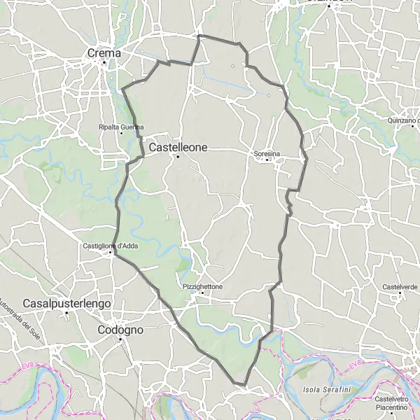 Miniaturní mapa "Cyklotrasa přes Grumello Cremonese, Cavacurta a Madignano" inspirace pro cyklisty v oblasti Lombardia, Italy. Vytvořeno pomocí plánovače tras Tarmacs.app