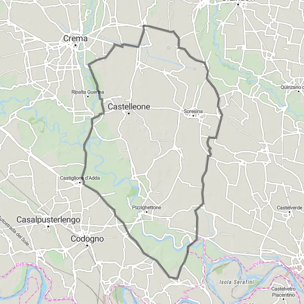 Miniatura della mappa di ispirazione al ciclismo "Percorso ciclabile su strada tra Grumello Cremonese e Madignano" nella regione di Lombardia, Italy. Generata da Tarmacs.app, pianificatore di rotte ciclistiche