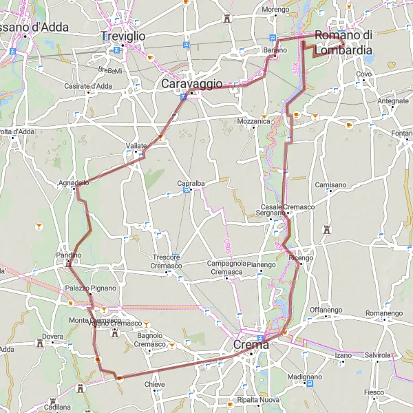 Miniatura della mappa di ispirazione al ciclismo "Giro delle città storiche" nella regione di Lombardia, Italy. Generata da Tarmacs.app, pianificatore di rotte ciclistiche