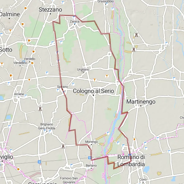 Map miniature of "Romano di Lombardia Gravel Loop" cycling inspiration in Lombardia, Italy. Generated by Tarmacs.app cycling route planner