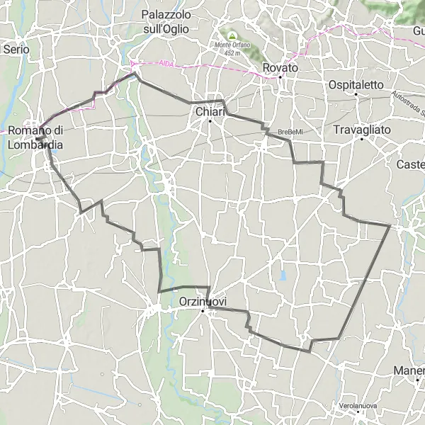 Mapa miniatúra "Cyklotúra Romano di Lombardia - Antegnate" cyklistická inšpirácia v Lombardia, Italy. Vygenerované cyklistickým plánovačom trás Tarmacs.app