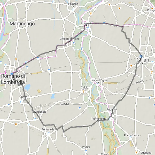 Zemljevid v pomanjšavi "Cestna kolesarska pot okoli Romana di Lombardia" kolesarske inspiracije v Lombardia, Italy. Generirano z načrtovalcem kolesarskih poti Tarmacs.app