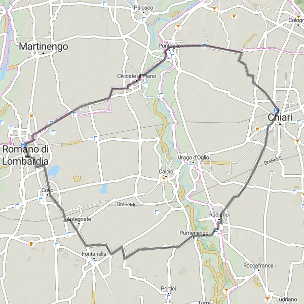 Map miniature of "Romano di Lombardia - Pontoglio - Pumenengo Loop" cycling inspiration in Lombardia, Italy. Generated by Tarmacs.app cycling route planner