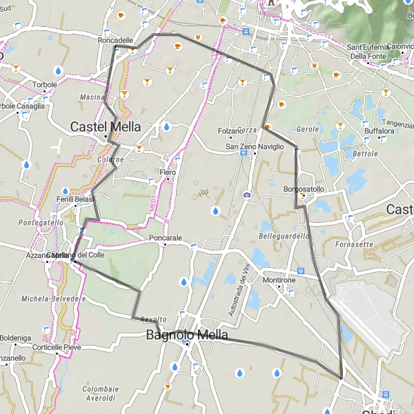 Miniature de la carte de l'inspiration cycliste "Parcours panoramique sur route autour de Roncadelle" dans la Lombardia, Italy. Générée par le planificateur d'itinéraire cycliste Tarmacs.app