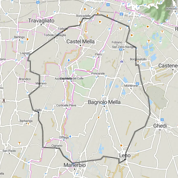 Map miniature of "San Zeno Naviglio to Roncadelle Road Adventure" cycling inspiration in Lombardia, Italy. Generated by Tarmacs.app cycling route planner