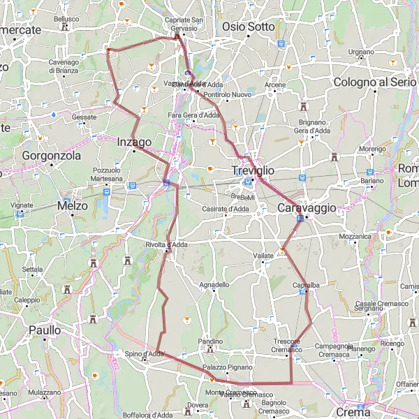 Mapa miniatúra "Gravelová okružná cyklotrasa cez Trezzo sull'Adda, Caravaggio, Nosadello a Roncello" cyklistická inšpirácia v Lombardia, Italy. Vygenerované cyklistickým plánovačom trás Tarmacs.app