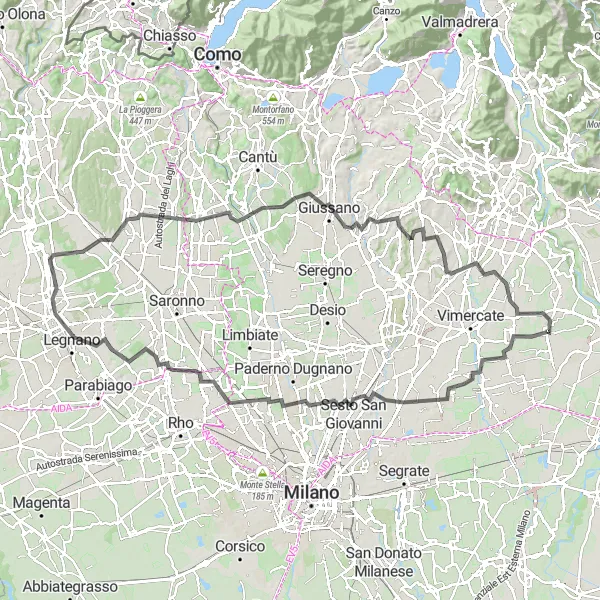Miniaturní mapa "Road Cycling Route from Roncello to Busnago and Back" inspirace pro cyklisty v oblasti Lombardia, Italy. Vytvořeno pomocí plánovače tras Tarmacs.app
