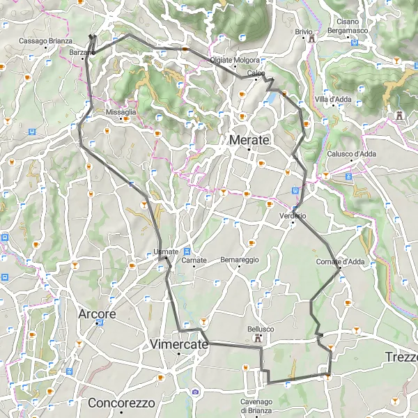 Miniatura della mappa di ispirazione al ciclismo "Giro dei Colli Brianzoli" nella regione di Lombardia, Italy. Generata da Tarmacs.app, pianificatore di rotte ciclistiche