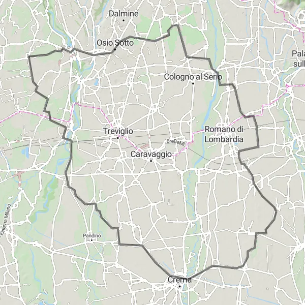 Miniatua del mapa de inspiración ciclista "Vuelta por Roncello - Brembate - Urgnano - Martinengo - Antegnate - Offanengo" en Lombardia, Italy. Generado por Tarmacs.app planificador de rutas ciclistas