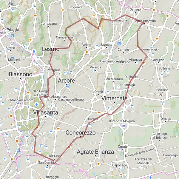 Miniatura della mappa di ispirazione al ciclismo "Percorso in bicicletta gravel da Ronco Briantino a Lesmo" nella regione di Lombardia, Italy. Generata da Tarmacs.app, pianificatore di rotte ciclistiche