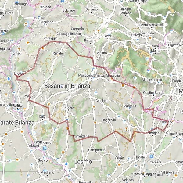 Miniaturní mapa "Gravel Ronco Briantino - Quattro Strade" inspirace pro cyklisty v oblasti Lombardia, Italy. Vytvořeno pomocí plánovače tras Tarmacs.app