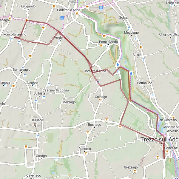 Kartminiatyr av "Utflykt till Verderio via Cornate d'Adda" cykelinspiration i Lombardia, Italy. Genererad av Tarmacs.app cykelruttplanerare
