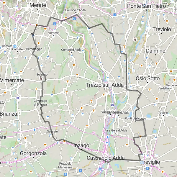 Miniatura della mappa di ispirazione al ciclismo "Giro in bicicletta tra Ronco Briantino e Cassano d'Adda" nella regione di Lombardia, Italy. Generata da Tarmacs.app, pianificatore di rotte ciclistiche
