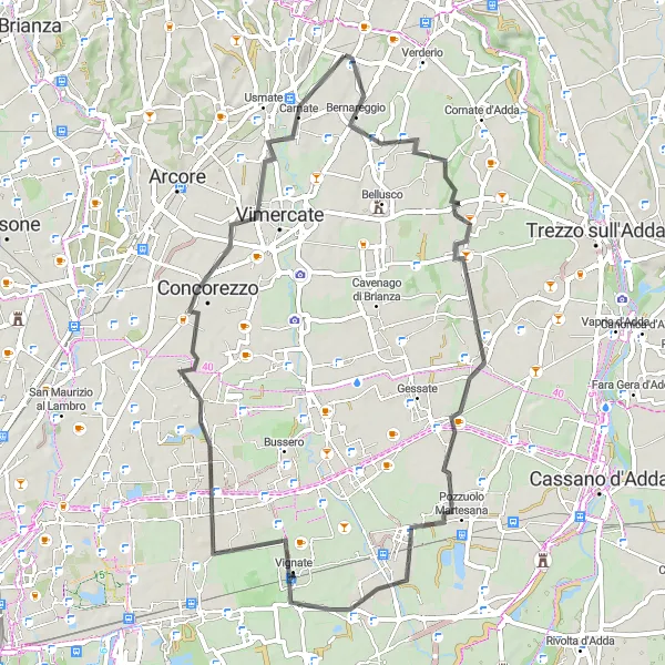 Mapa miniatúra "Okruh cez Basiano a Vignate" cyklistická inšpirácia v Lombardia, Italy. Vygenerované cyklistickým plánovačom trás Tarmacs.app