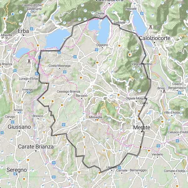 Miniatura della mappa di ispirazione al ciclismo "Giro in bicicletta da Ronco Briantino a Merate" nella regione di Lombardia, Italy. Generata da Tarmacs.app, pianificatore di rotte ciclistiche