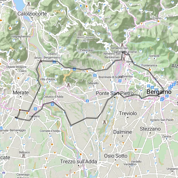 Map miniature of "Legendary Bergamo Ride" cycling inspiration in Lombardia, Italy. Generated by Tarmacs.app cycling route planner