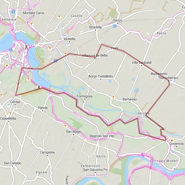 Mapa miniatúra "Gravelová trasa okolo Roncoferraro" cyklistická inšpirácia v Lombardia, Italy. Vygenerované cyklistickým plánovačom trás Tarmacs.app