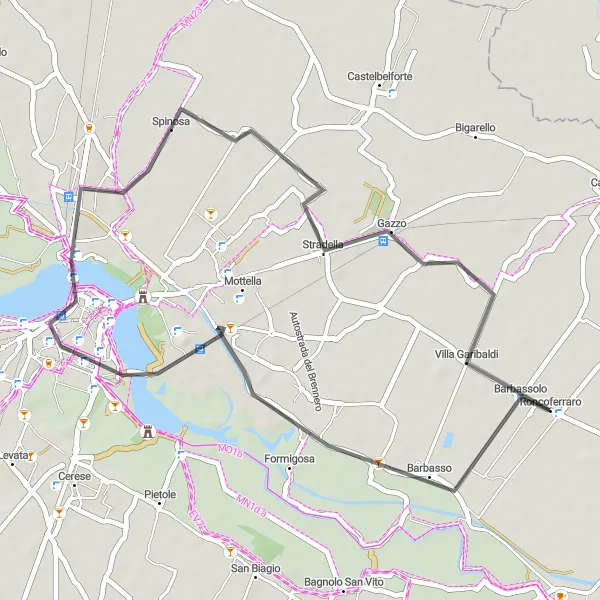 Mapa miniatúra "Cyklotrasa okolo Roncoferraro" cyklistická inšpirácia v Lombardia, Italy. Vygenerované cyklistickým plánovačom trás Tarmacs.app