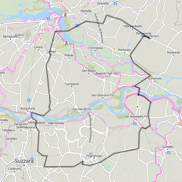 Miniatua del mapa de inspiración ciclista "Ruta escénica a Barbassolo desde Pegognaga" en Lombardia, Italy. Generado por Tarmacs.app planificador de rutas ciclistas