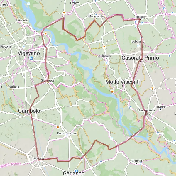 Miniaturní mapa "Gravelový okruh přes Rosate, Bereguardo, Tromello, Sforzesca, Morimondo a Cascina Crosina" inspirace pro cyklisty v oblasti Lombardia, Italy. Vytvořeno pomocí plánovače tras Tarmacs.app