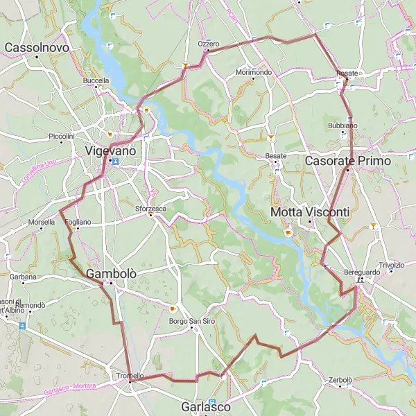 Miniature de la carte de l'inspiration cycliste "Tour de Lombardie en gravel par Bereguardo et Vigevano" dans la Lombardia, Italy. Générée par le planificateur d'itinéraire cycliste Tarmacs.app