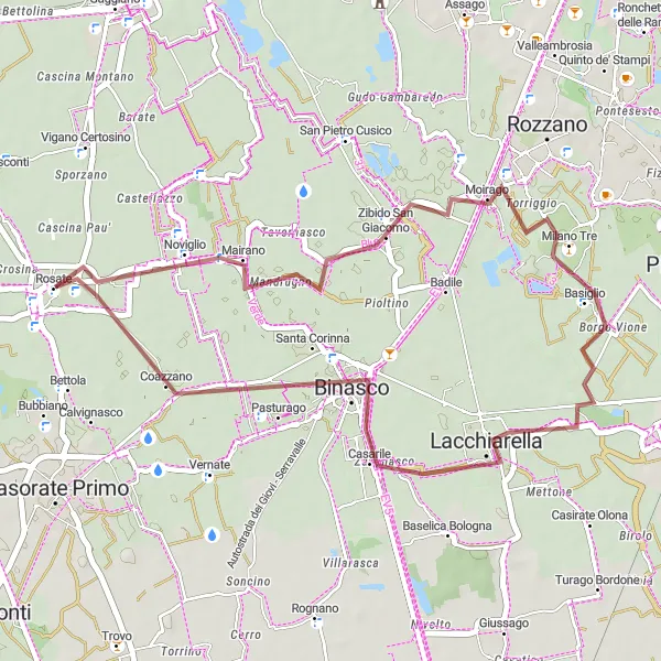 Zemljevid v pomanjšavi "Kolesarska pot skozi Noviglio, Basiglio in Binasco" kolesarske inspiracije v Lombardia, Italy. Generirano z načrtovalcem kolesarskih poti Tarmacs.app