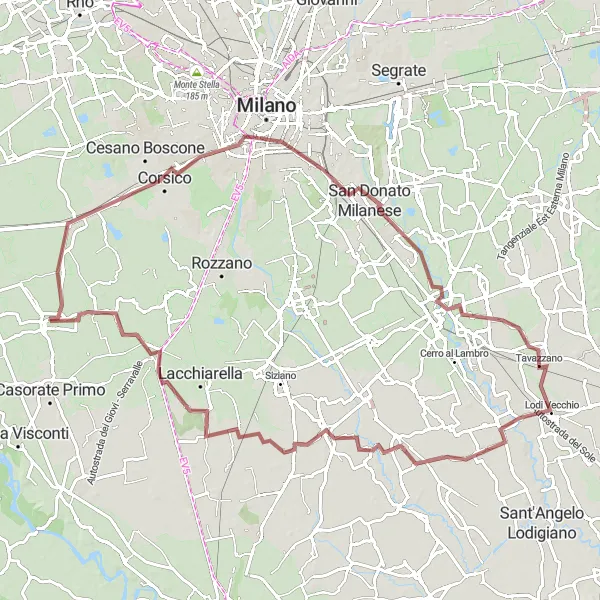 Mapa miniatúra "Gravelová cyklotrasa cez Melegnano" cyklistická inšpirácia v Lombardia, Italy. Vygenerované cyklistickým plánovačom trás Tarmacs.app