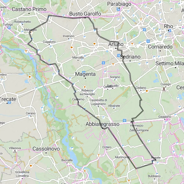Map miniature of "Rosate to Vermezzo Loop" cycling inspiration in Lombardia, Italy. Generated by Tarmacs.app cycling route planner