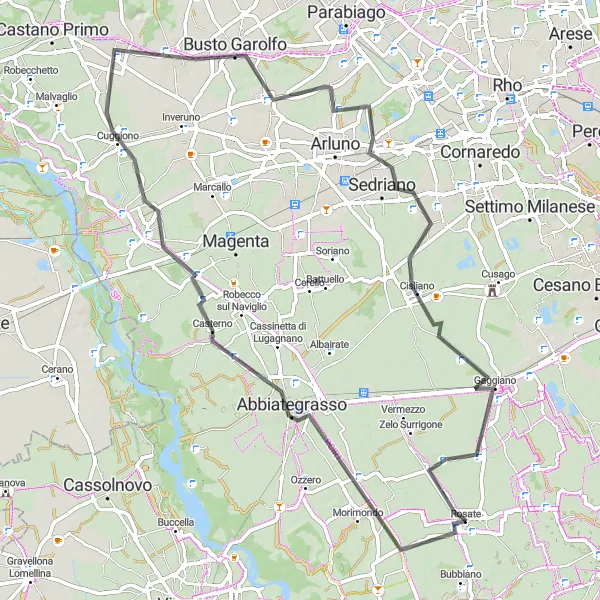 Miniaturní mapa "Okruh přes Abbiategrasso, Cuggiono, Busto Garolfo, Bareggio a Gudo Visconti" inspirace pro cyklisty v oblasti Lombardia, Italy. Vytvořeno pomocí plánovače tras Tarmacs.app
