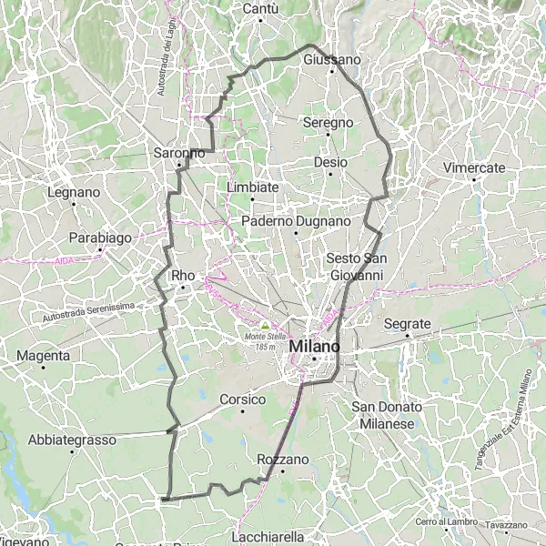 Miniatua del mapa de inspiración ciclista "Ruta de ciclismo de carretera Rosate - Giussano" en Lombardia, Italy. Generado por Tarmacs.app planificador de rutas ciclistas