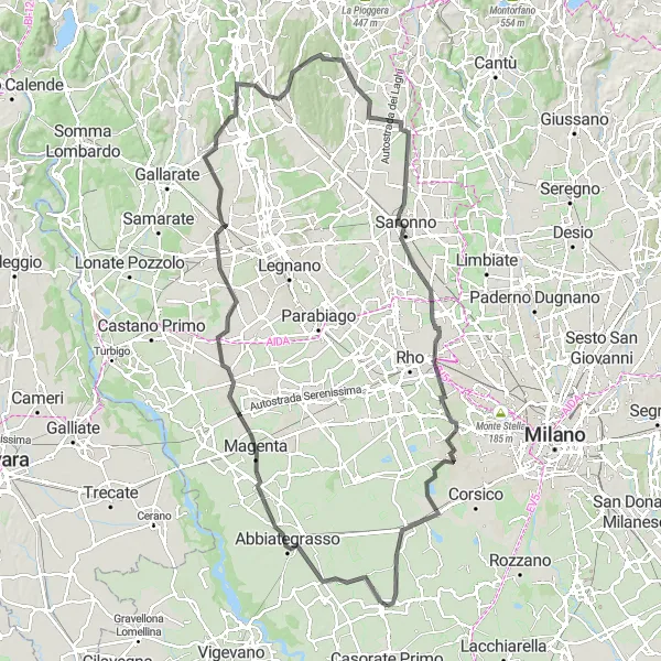 Map miniature of "Rosate Hills and Valleys" cycling inspiration in Lombardia, Italy. Generated by Tarmacs.app cycling route planner