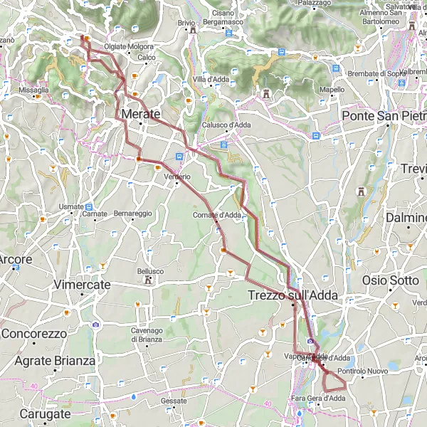 Map miniature of "Cornate d'Adda Gravel Adventure" cycling inspiration in Lombardia, Italy. Generated by Tarmacs.app cycling route planner