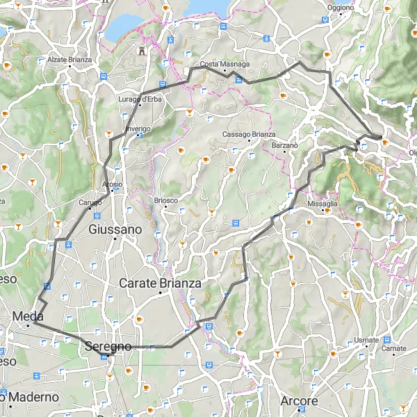Miniatuurkaart van de fietsinspiratie "Wegfietsen door Besana in Brianza en Seregno" in Lombardia, Italy. Gemaakt door de Tarmacs.app fietsrouteplanner