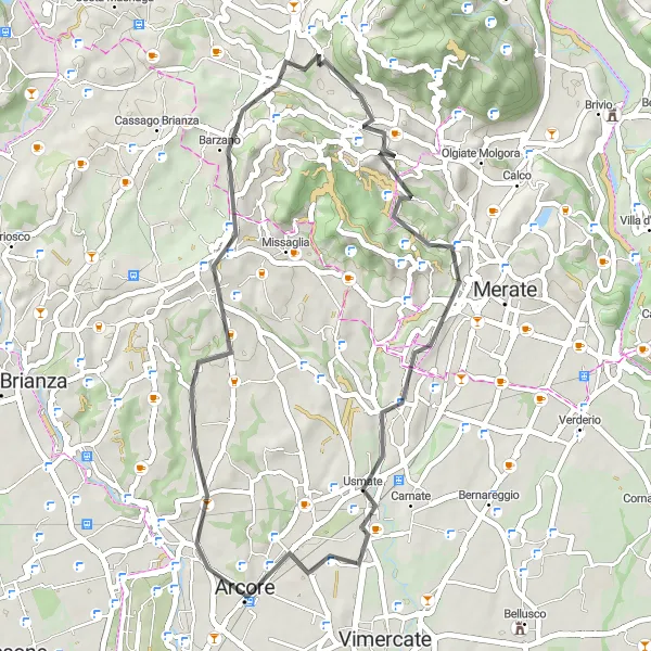 Miniatuurkaart van de fietsinspiratie "De Collina dei Cipressi en Lesmo Route" in Lombardia, Italy. Gemaakt door de Tarmacs.app fietsrouteplanner